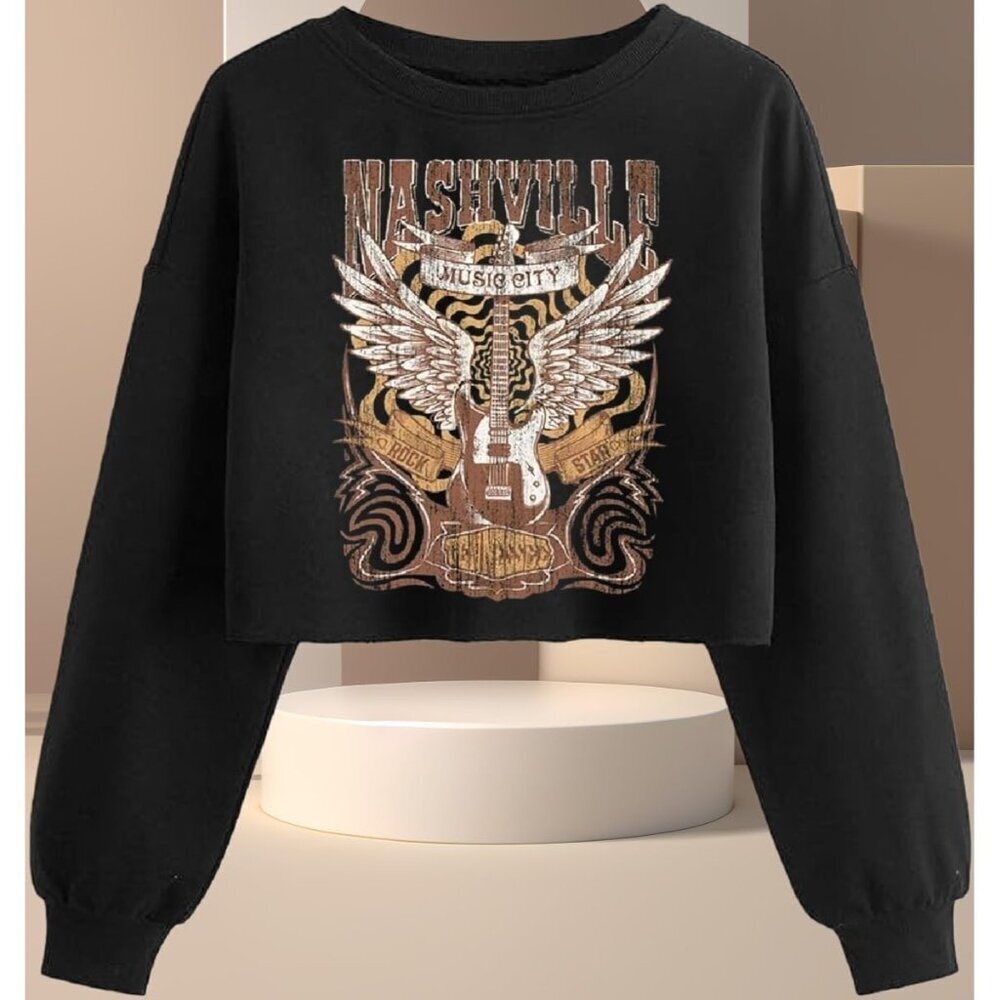Women's Black 1 Sweatshirt Graphic Lantern Long Sleeve Pullover Crop Tops - Picture 2 of 2